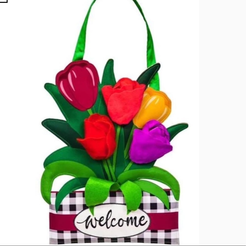 EVERGREEN ENTERPRISES NWOT 3D WELCOME HANGING! SPRING TULIP EMBROIDERED SIGN